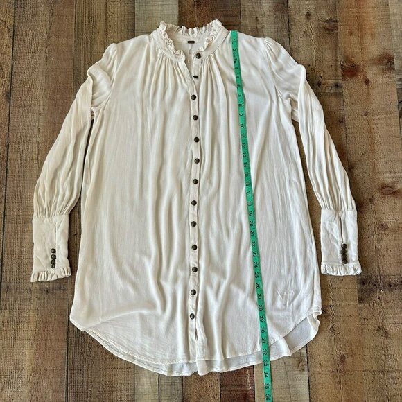 Free People Lieutenant Shirt Dress Button-Up Long Ruching Sleeve Frill Collar - Picture 2 of 11